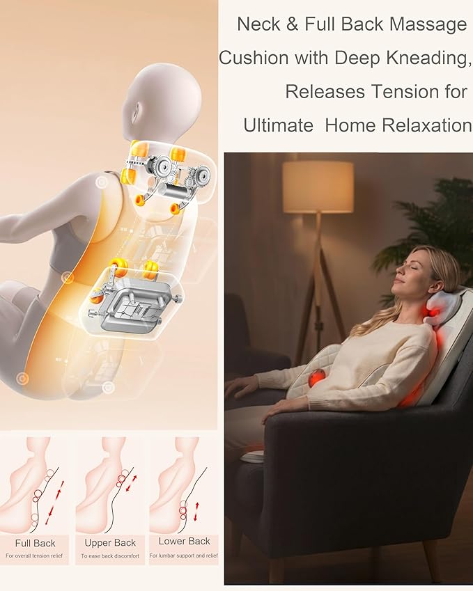 Shiatsu Neck and Back Massager for Chair: 4D Kneading, 3D Rolling, Adjustable Neck Height, Back Massager Relieves Fatigue Deep Tissue Massage - Gifts for Men & Women