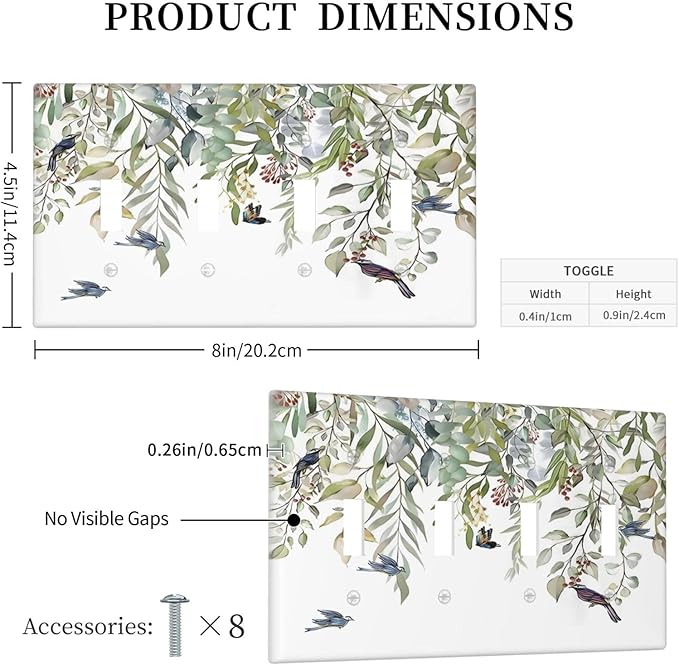 Green Leaf Eucalyptus Leaves Floral Bird Butterfly Light Switch Covers Quad Toggle Electrical Faceplate 4 Gang Wall Plate Decorative Switch Plates for Bed Room Living Room Decor