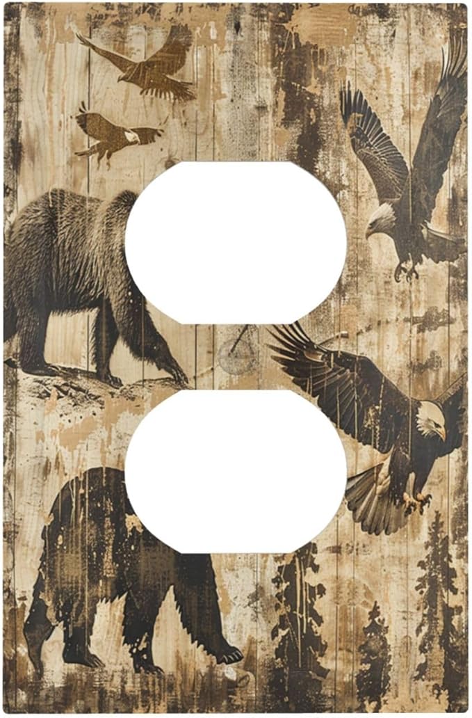 Outlet Covers Vintage Cabin Wildlife Animal Bear Eagle Forest 1 Gang Duplex Wall Plate Decorative Switch Plates Electrical Receptacle Faceplate Light Switch Cover for Farmhouse Bedroom Decor