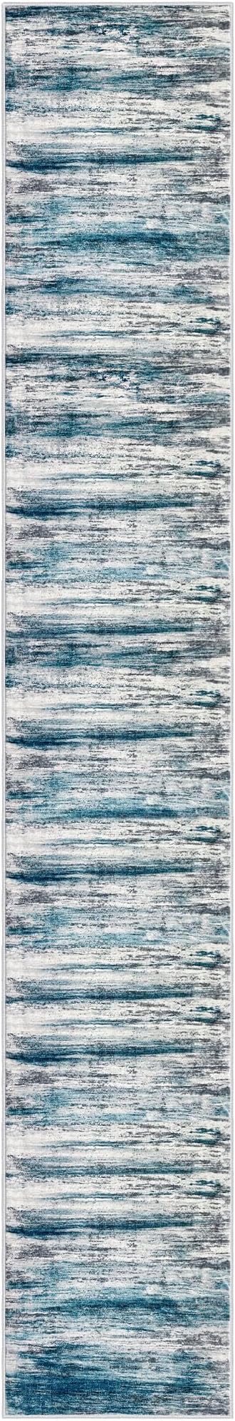 KOZYFLY Modern Abstract Hallway Runner Rug, 2.6x16 Washable Rug Runner Non-Slip Soft Striped Kitchen Runner Rugs, Print Blue Carpet Runner for Stair Entryway Bathroom Laundry Room Foyer