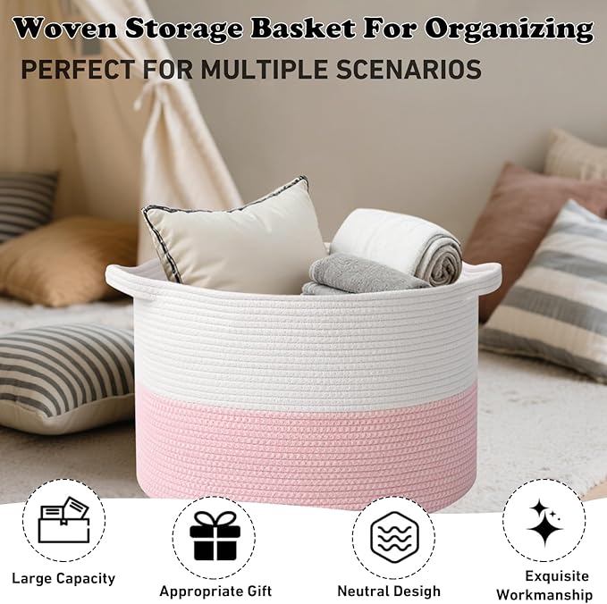 Large Storage Basket with Handle,19.7" L x 19.7" W x 13" H Blanket Basket Storage Bins for Organizing,65L Cotton Rope Woven Baskets for Living Room, Nursery ,Bedroom,White&Pink