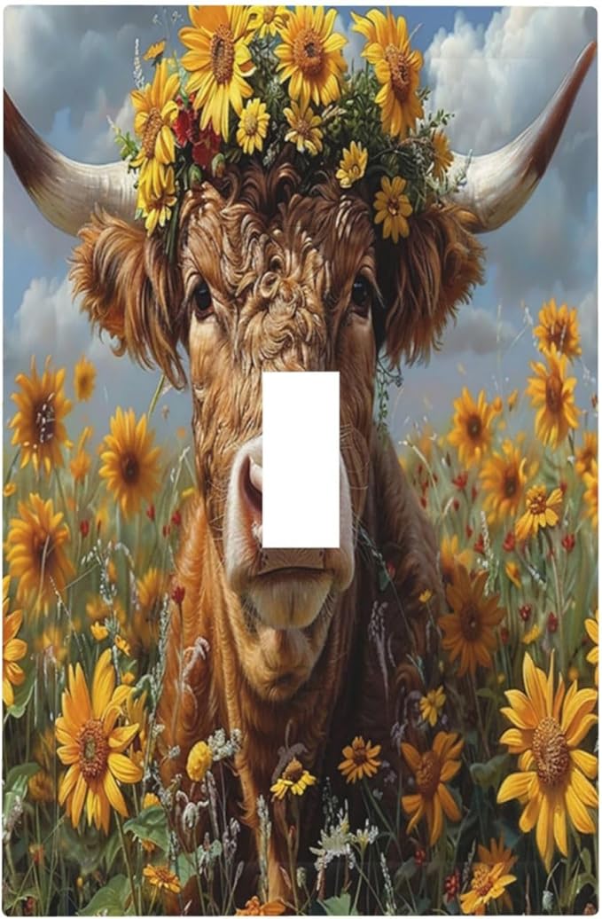 Decorative Light Switch Cover Vintage Sunflower Highland Cow Rustic Art 1 Gang Single Toggle Device Electrical Faceplate Switchplates Decorator Outlet Wall Plate for Bedroom Farmhouse Decor