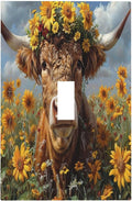 Decorative Light Switch Cover Vintage Sunflower Highland Cow Rustic Art 1 Gang Single Toggle Device Electrical Faceplate Switchplates Decorator Outlet Wall Plate for Bedroom Farmhouse Decor