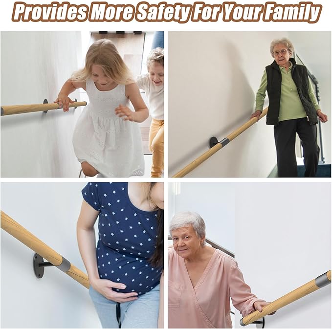13FT Round Wooden Handrail for Indoor Staircase Handrail,Wall Mount Support Stair Railings, Non-Slip Safety Corridor,Lofts,Patio,Guardrail Wood Hand Railings for Elderly,Children,Disable People