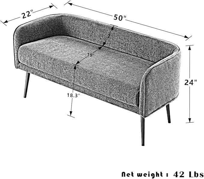 Bedroom Bench with Low Back, Inside Metal Frame, Extra Seat for Living Room, Entryway or Dinning Bench(Light Gray) …