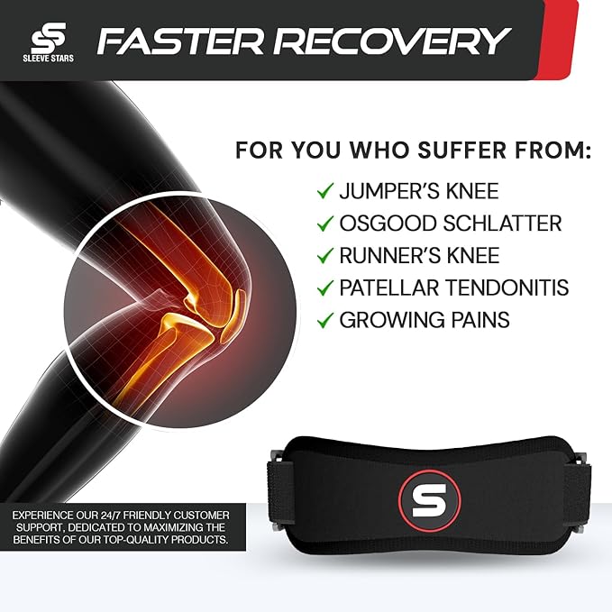 Sleeve Stars Swedish Brand Patellar Tendon Support Strap for Women & Men Effective Osgood Schlatter Knee Brace Youth & Kids Knee Brace with 3 Adjustable Length fits 7"-15" (Single/Black/Kids)