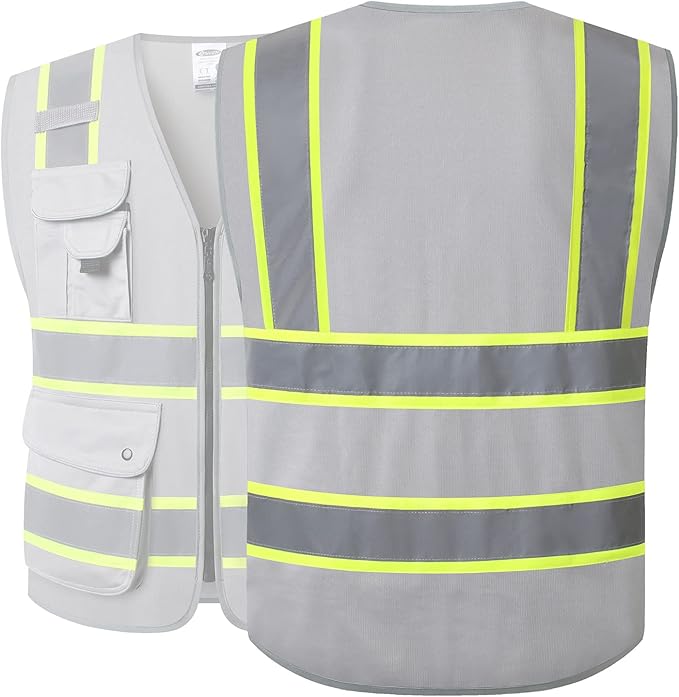 JKSafety 9 Pockets Hi-Vis Fluorescent Color Zipper Front Safety Vest with Neon Color Extended Yellow Trims for Men and Women Work Safety Utility (901-Grey 4XL)