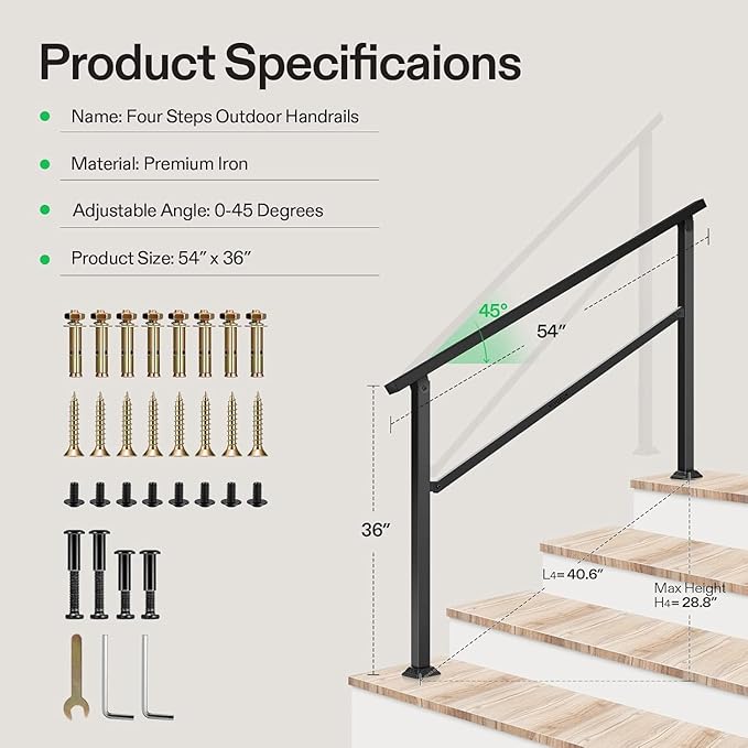 VIVOSUN Outdoor Handrail, 4 Step Stair Handrail, 54" x 36" Fits 1 to 4 Steps, Wrought Mattle Iron Handrail for Concrete Steps, Porch Steps, One-Step Assembly, Black