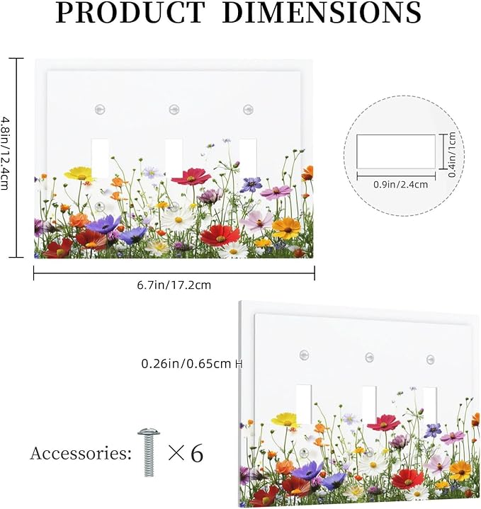 Decorative Switch Plates Colorful Wildflowers Plant Floral Daisy 3 Gang Wall Plate Triple Toggle Light Switch Cover Faceplate Electrical Wall Panels For Bed Room Living Room Decor