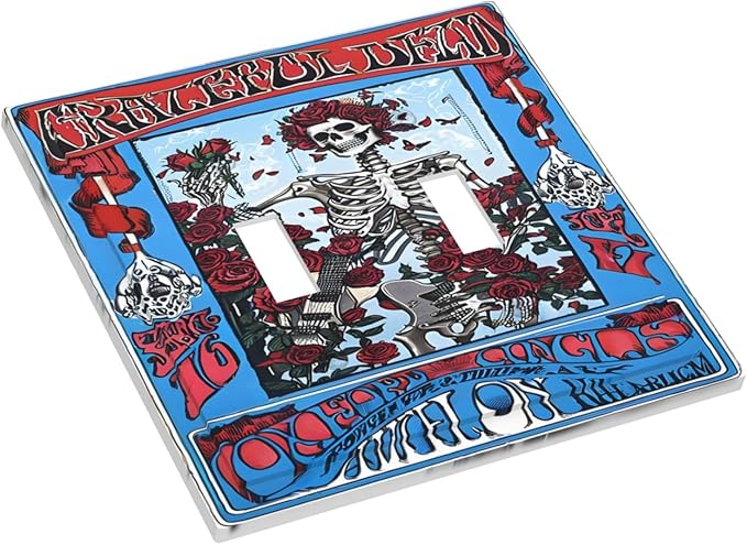 Decorative Light Switch Cover Plate Hippy Skull Red Rose Floral 2 Gang Switch Plate Covers Double Toggle Wall Plate Dual Device Faceplate for Bathroom Decor