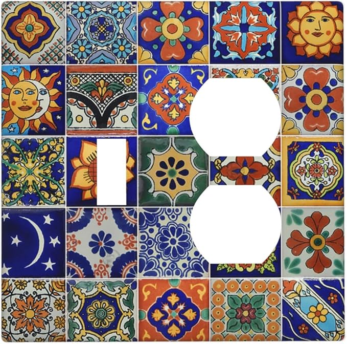 Wallplates Mid Century Talavera Shaped Tiles 1 Toggle 1 Duplex Switch Plate Electrical GFCI Faceplate Decorative Light Switch Covers for Bedroom Bathroom Decor
