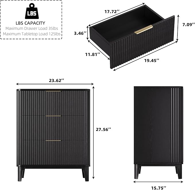 23.6" Mid Century Modern Night Stand with 3 Drawers, Large 3 Drawers Bedside Table with Quiet Drawers & Metal Handles, Fluted 3-Drawer Dresser Rustic Wood 3 Drawer Storage End Table Bedroom Black