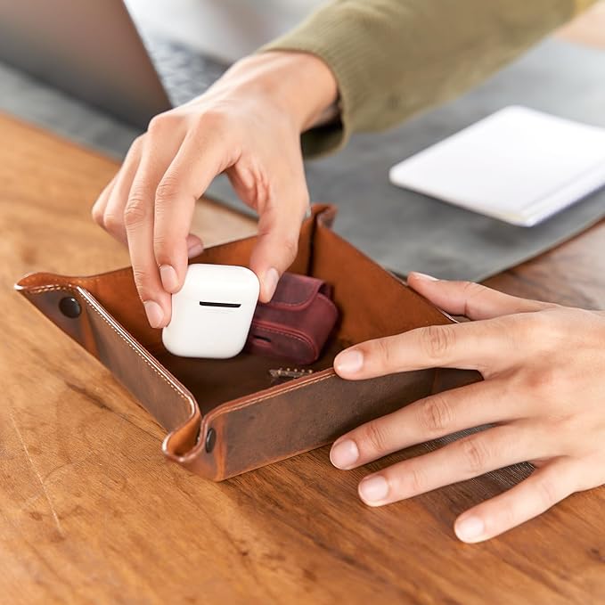 Handmade Leather Catch All Tray and Organizer for Keys, Phones, Jewels, Coins, Square - Small, Deep Brown