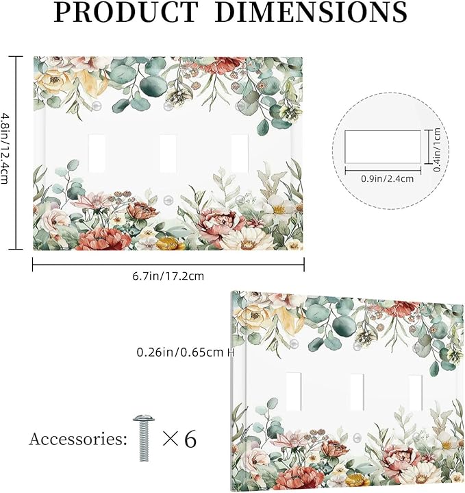 Decorative Switch Plates Vintage Boho Floral Leaves Rustic Sage Botanical 3 Gang Wall Plate Triple Toggle Light Switch Cover Faceplate Electrical Wall Panels for Bedroom Home Decor