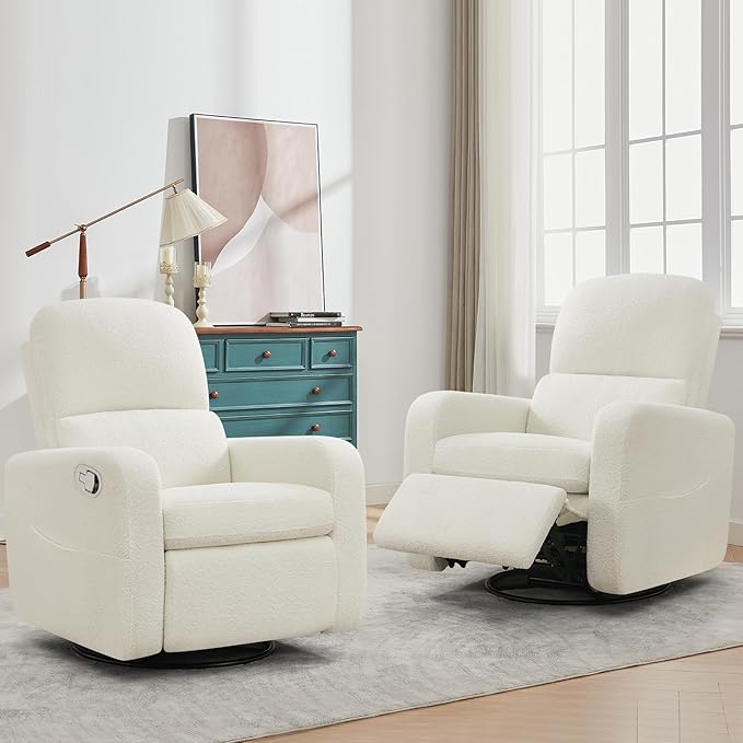Swivel Rocker Recliner, Oversized Boucle Glider Recliner Nursery, Manual Swivel Rocking Reclining Chairs with Removable Cushion and Lumbar Support for Nursery Living Room Bedroom, Teddy White