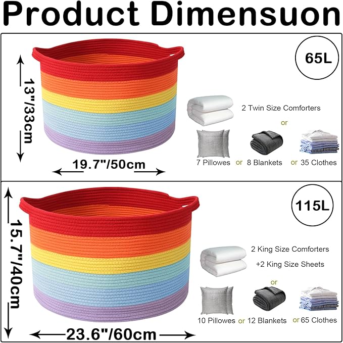 Large Storage Basket with Handle,23.6" x 23.6" x 15.7" Blanket Basket Storage Bins for Organizing,65L Cotton Rope Woven Baskets for Living Room, Nursery ,Bedroom,Rainbow