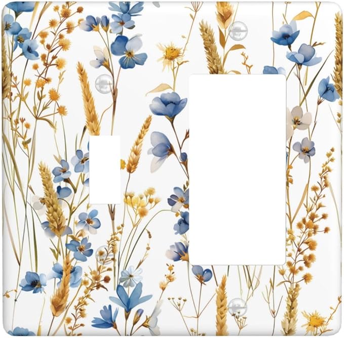 Vintage Wildflower Blue Gold Country Fall Wheat Floral Outlet Covers 1 Toggle 1 Rocker Combination Decorative Wall Plate Electrical Switch Plates Light Switch Cover Plate for Bedroom Living Room Decor