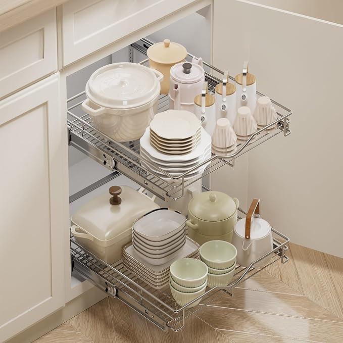 DINDON Pull Out Cabinet Organizer (14" W X 21" D), Cabinet Pull Out Shelves, 2 Tier Pull Out Drawers for Kitchen Cabinets, Wire Basket Slide Out Shelf for Cabinet Organization in Kitchen, Pantry