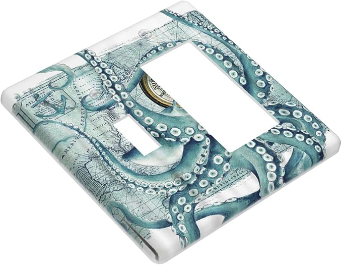 Vintage Nautical Octopus Eyes Funny Ocean Kraken 2 Gang Light Switch Cover Plate Decorative Combination Toggle Rocker/Decora Wall Plate Compass Pirate Map Electrical Switchplate for Bathroom
