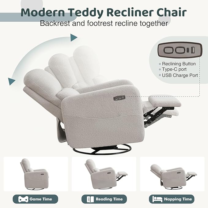 Swivel Rocker Recliner, Power Recliner Glider with Removable Cushion, Oversized Upholstered Boucle Swivel Reclining Nursery Chairs for Living Room Bedroom, Teddy Grey