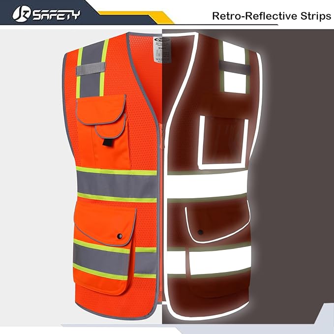 JKSafety 9 Pockets Hi-Vis Reflective Safety Vest | Mesh Fabric | Fluorescent Orange Color with Neon Yellow Extended Trims | ANSI/ISEA Compliance (100-Orange, L)