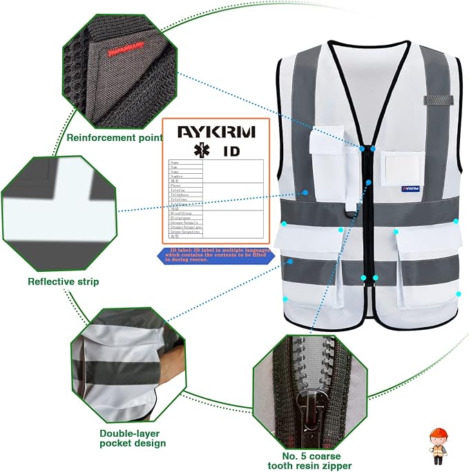 A-SAFETY Hi Reflective Safety Vest,Hi Vis Bright Neon Colors Safety Vest with 4 Reflective Strips 7 Pockets(White XL)