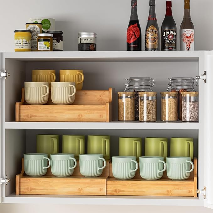 2-Tier Expandable Coffee Mug Holder, Mug Organizer for Kitchen Cabinets, Bamboo Mug Cup Rack, Multi-Functional Cup Holder Shelf, Coffee Bar Organizer, Home