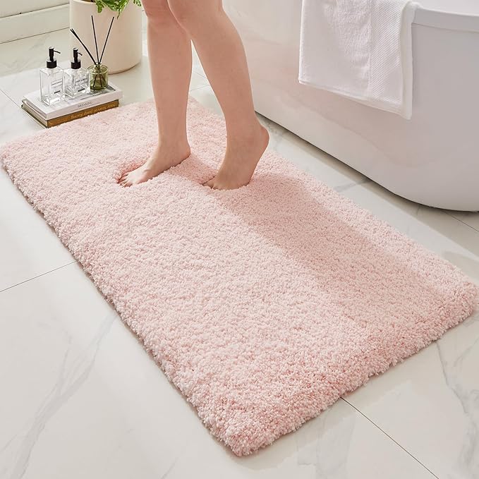 Bathroom Rugs 59x24, Ultra Thick Shaggy Soft Microfiber Absorbent Bath Rug, High Density Foam Latex Non Slip Backing, Machine Washable Bath Mats for Bathroom Floor & Sink, Pink