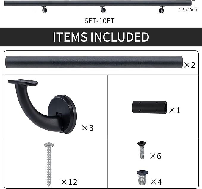 7FT Modern Aluminum Handrail Set, handrails for Indoor Stairs,Deck,Slope, Wall Mounted Staircase handrails, Zink Alloy Brackets Included,Rust Free. (Matte Black, 7 FT)