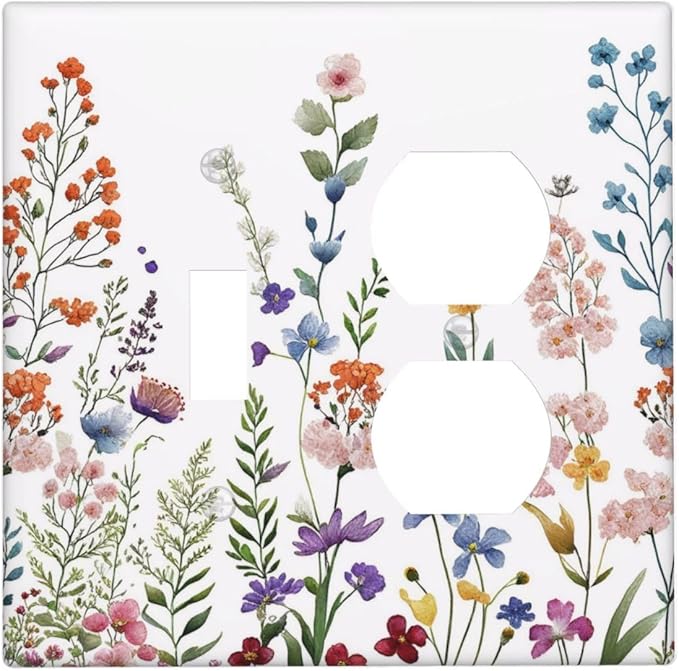 Rustic Wild Floral Vintage Colorful Flowers Outlet Covers 2 Gang Combination 1 Toggle/1 Duplex Light Switch Cover Decorative Gfci Wall Plate Electrical Receptacle Switchplate Bathroom Decor