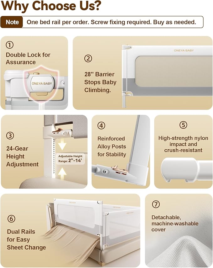 Baby Bed Rail Guard for Toddlers, Reinforced 74.8in Toddler Bed Rails for Twin, Full, King bed with Height Adjustable, Extral Tall Child Safety Side Railing Guards/Bedrail for Kids, White/Grey, 1 Side