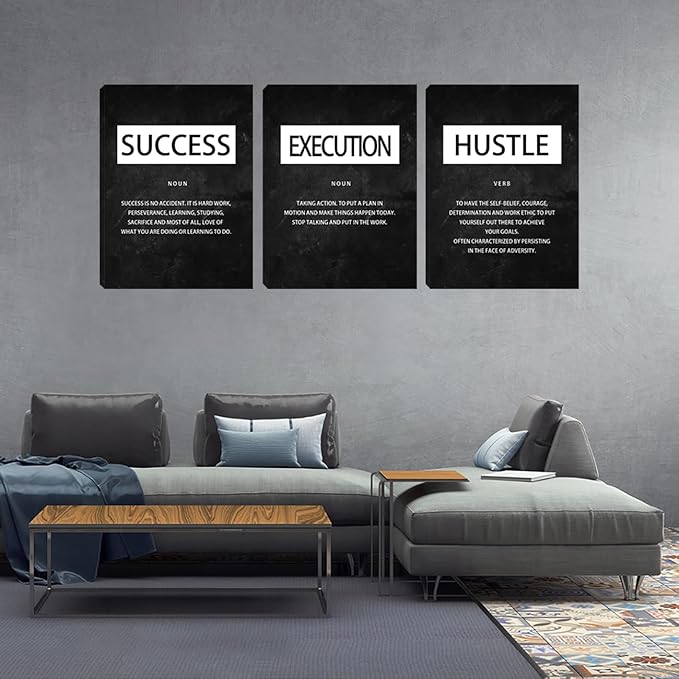 Unbruvo Motivational Canvas Wall Art - 3 Panel Inspirational Wall Decor, Hustle Success Office Decor, Hustle Success Poster for Living Room, Bedroom, Classroom(36x16 inch)