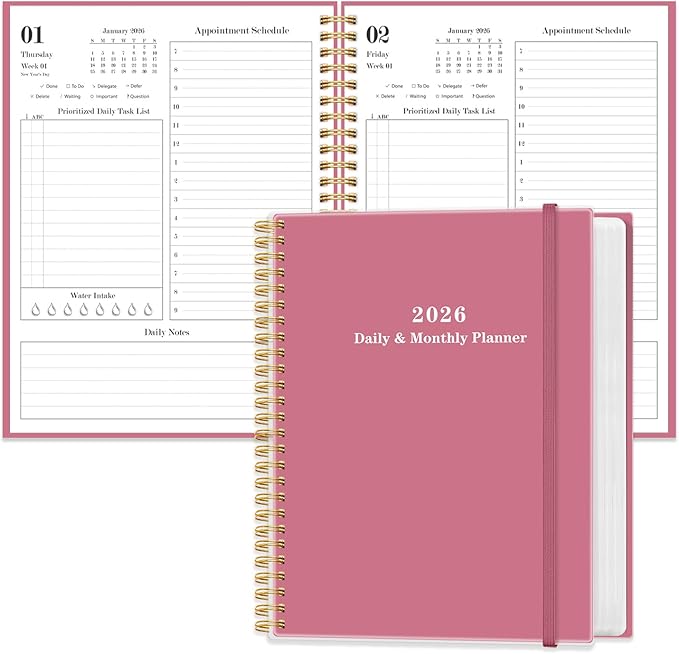 Daily Planner 2026 - Full Page Per Day, Jan 2026 to Dec 2026, 2026 Daily Planner with Spiral Bound, Inner Pocket, Perfect for School Office Supplies, 7'' x 10'', Pink