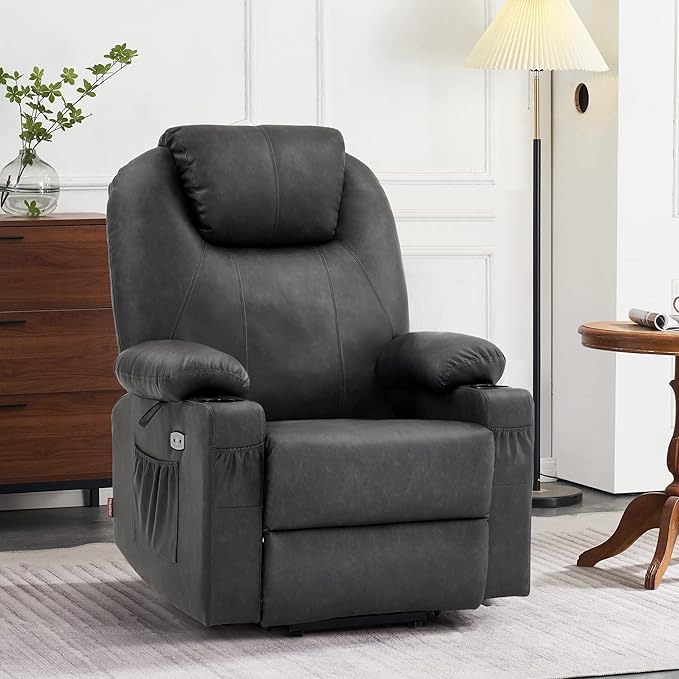 MCombo Large Power Lift Recliner Chair for Elderly, Lift Chair with Heat and Massage for Tall People, Extended Footrest, USB & Type C Ports, Cup Holders, Faux Leather 7516 (Large, Grey)
