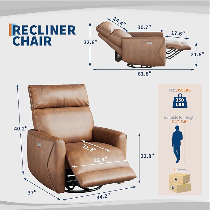 Power Recliner Chair, 270° Swivel Glider with USB Charging Port, Large PU Leather Seat, Wide 22.4", Ergonomic High Back for Living Room, Nursery (Power Walnut)