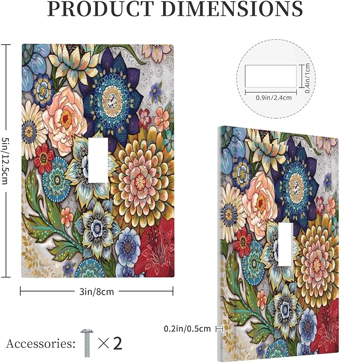 Boho Floral Colorful Floral Multi Color Flower Decorative Light Switch Cover 1 Gang Single Toggle Device Electrical Faceplate Switchplates Decorator Outlet Wall Plate for Bedroom Living Room Home