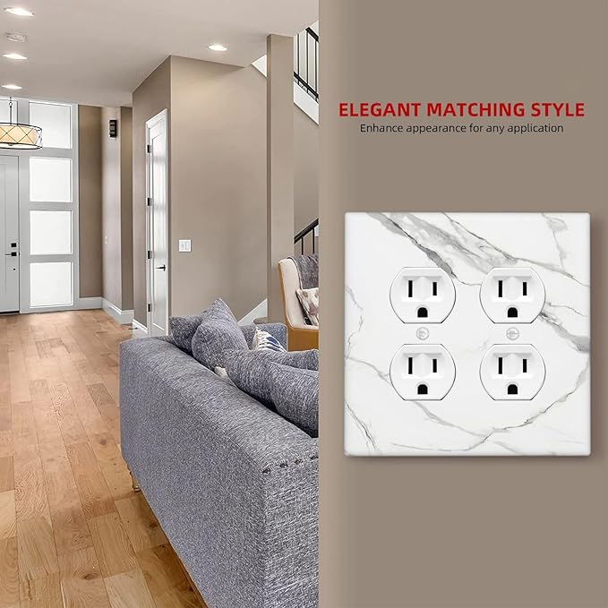 White Marble Abstract Luxurious Print Outlet Covers 2 Gang Double Duplex Decorative Light Switch Covers Electrical Wallplates Socket Faceplate for Bathroom Kitchen Home Decor