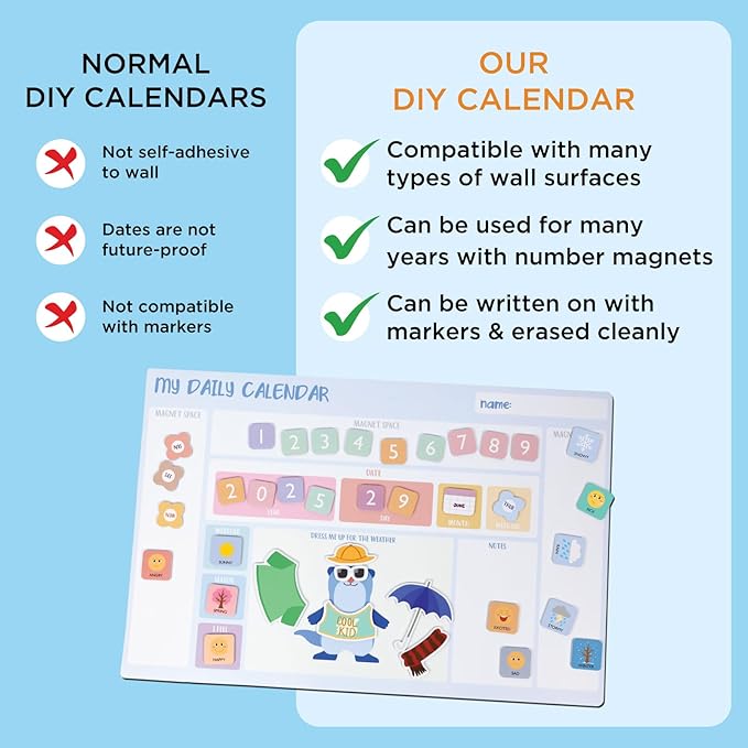 COMIX Whiteboard Calendar Dry Erase, Adhesive White Board Calendar for Kids 26" x 17" with Funny Magnetic Deco, Educational Calendar Set for Kids Student Home Classroom