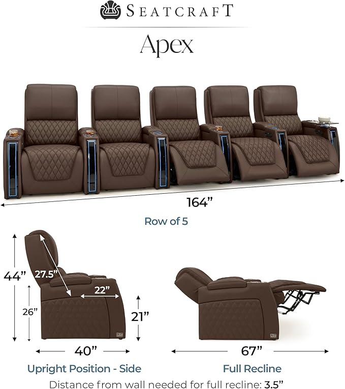 Seatcraft Apex Zero-Gravity CoolZero Italian Leather Home Theater Seating, Powered Headrest, Powered Lumbar, Powered Recline, Row of 5, Brown