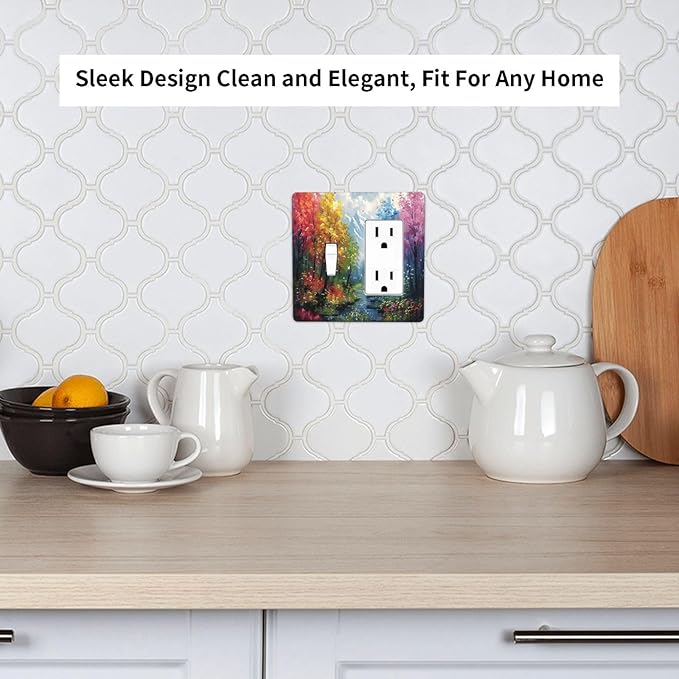 Colorful Forest Snow Mountain River Oil Painting Style Outlet Covers 1 Toggle 1 Rocker Combination Decorative Wall Plate Electrical Switch Plates Light Switch Cover Plate for Bedroom Living Room Decor