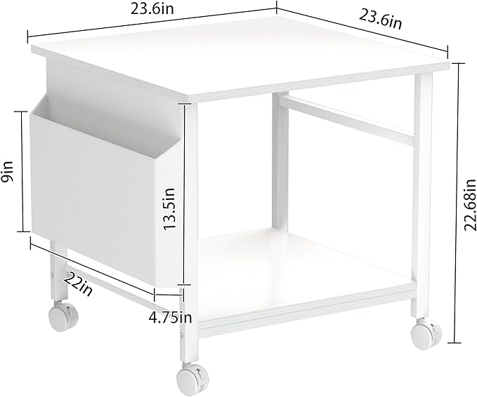 Large Printer Stand, 23.6 x 23.6 Inches Square Printer Stand with Storage Shelf, 2 Tier Printer Table for Home Office, Rolling Printer Cart with Lockable Wheels, Mobile Mini Fridge Stand Table, White