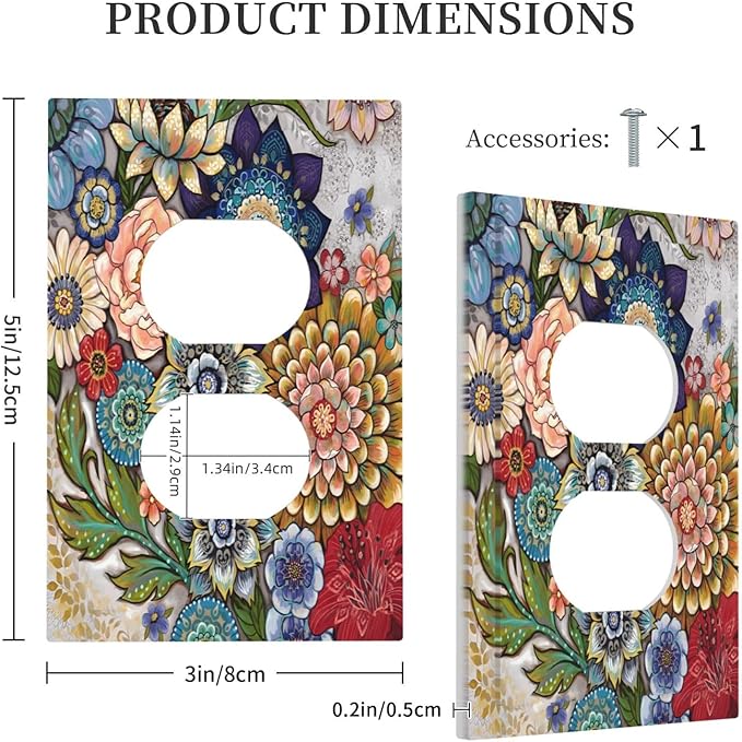 Boho Floral Colorful Floral Multi Color Flower Outlet Covers 1 Gang Duplex Light Switch Cover Decorative Switch Plates Electrical Receptacle Faceplate Wall Plate for Bedroom Living Room Home Decor