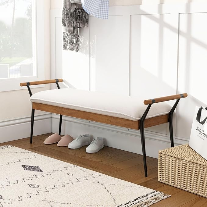 LukeAlon Modern Chenille Entryway Bench, Upholstered End of Bed Bench with Arms Classic Bedroom Ottoman Bench with Metal Legs Elegant Footstool for Entrance Living Room, White