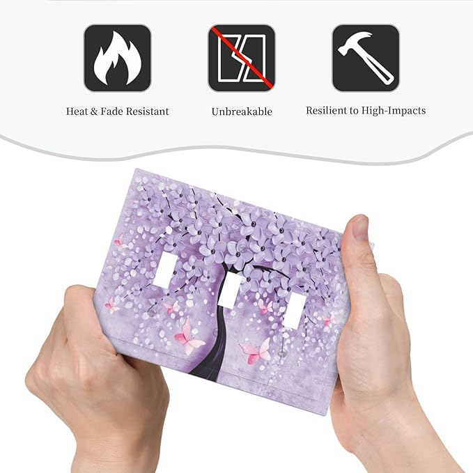 Light Switch Cover 3D Purple Tree 3 Gang Wall Plate Triple Light Switch Plate Toggle Decorative Outlet Covers Electrical Switchplate for Bathroom Bedroom Decor