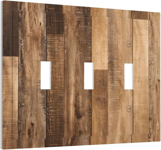 Rustic Brown Wood Splicing Vintage Dark Oak Print Decorative Switch Plates 3 Gang Wall Plate Triple Toggle Light Switch Cover Faceplate Electrical Wall Panels for Farmhouse Home Decor