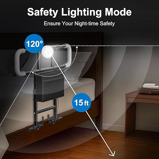 Seeutek Bed Rails for Elderly Adults Safety, Foldable Bed Assist Rails for Seniors, Adjustable Bed Side Rails with Safety Strap & Storage Pocket & LED Light, Fit Queen Twin King Beds