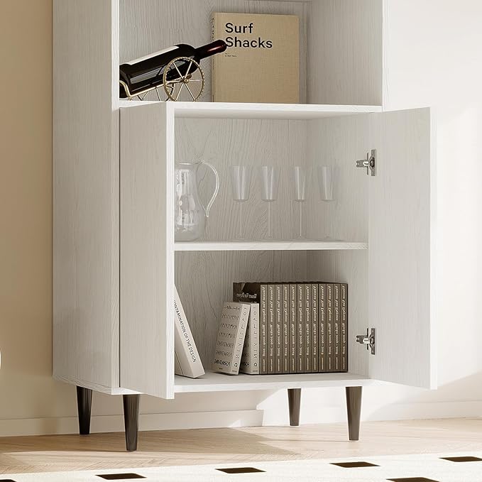 TUSY 70.9“ H Bookshelf with Glass Doors, 5-Tier Display Curio Cabinet with Drawers, Narrow Display Bookcase for Home, Office, Clinic, Pantry (White, A)