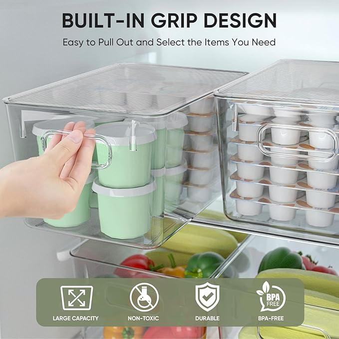 BALEINE Clear Stackable Storage Bins with Lids, Plastic Containers with Handle for Pantry Organizers and Storage, Plastic Bins for Fridge, Kitchen, Bathroom, Cabinet (13x7.4x7, 6PK)