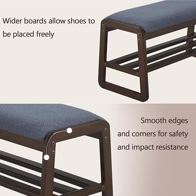 Shoe Rack Bench,2 Tier Wooden Entryway Bench with Shoe Storage, Shoe Rack with Cushion for Living Room, Hallway(Grayish Blue, 31.5")