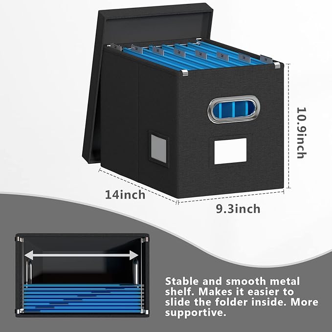 Hanging File Box with Lid, Set of 2 Filing Organizer Storage Box, Linen Collapsible Decorative Office/Home File Cabinet (14x9.3x10.9 inch) (Black)